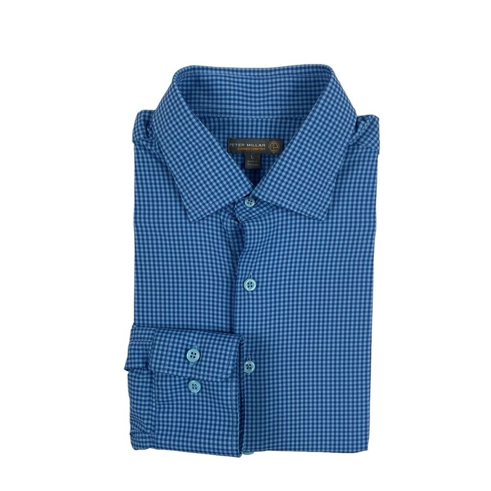Peter Millar Summer Comfort Blue Check Performance Button Front Shirt Mens L